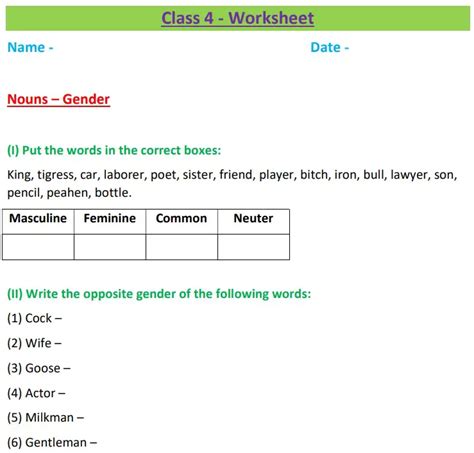Nouns Gender Class 4 Worksheet Fill In The Blanks With Correct Word
