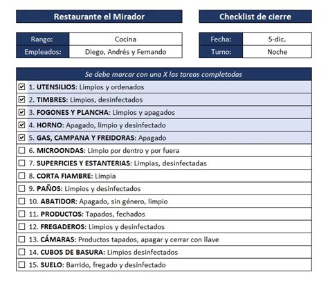 Checklist De Tareas Para Restaurantes Plantilla Excel