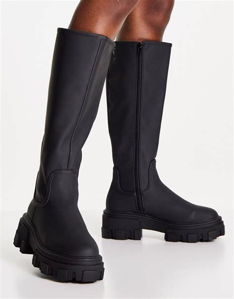 asos design carla chunky flat knee boots in black shopstyle