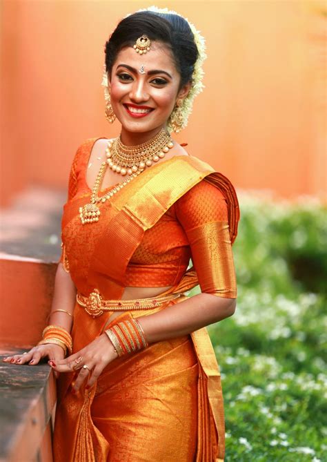 South Indian Bride Gold Indian Bridal Jewelrytemple Jewelry Jhumkis Orange Silk Kanchipuram
