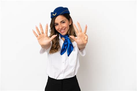 Premium Photo Airplane Stewardess Over Isolated White Background Counting Nine With Fingers