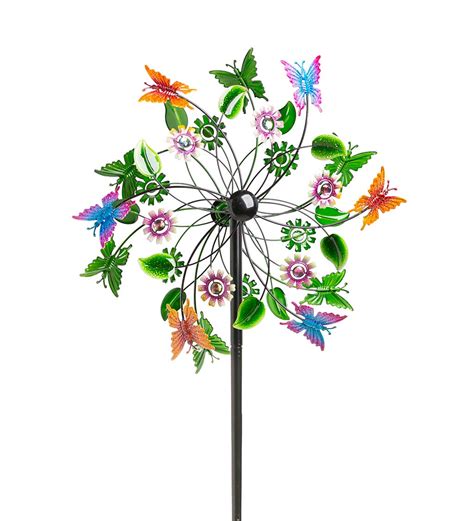 Colorful Dual Rotor Butterflies Flowers And Leaves Metal Wind Spinner