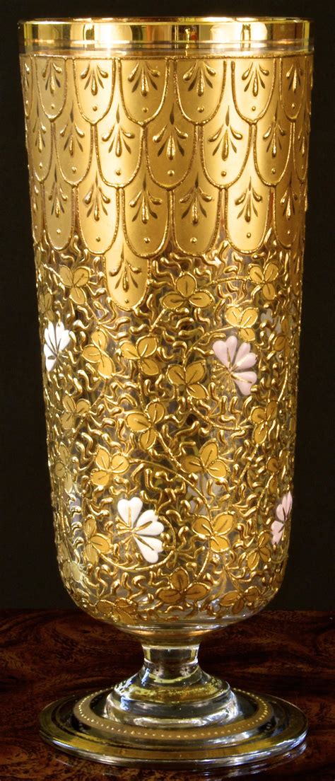 Moser Heavily Gilded Footed Glass Top Portion Of Glass Contains Stylized Overlapping Feathers
