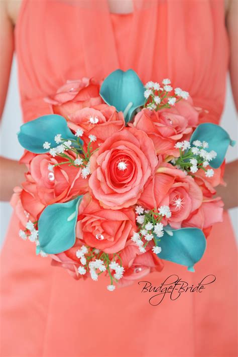 Finished with solid coral trim and solid teal ties. Coral Reef and Teal wedding flowers with bling and babies ...