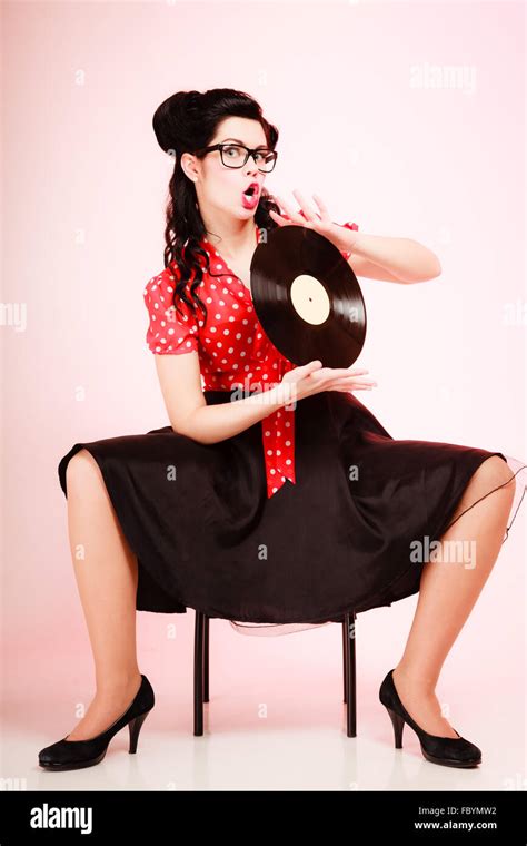 Retro Music Pinup Girl With Vinyl Record Stock Photo Alamy