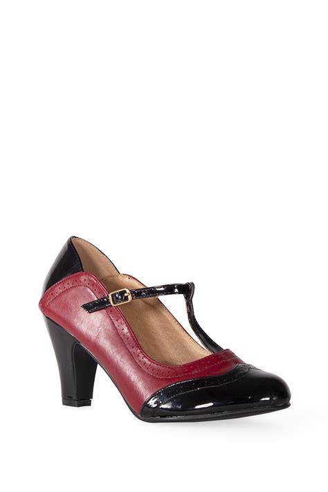 Banned Retro S Diva Blues T Strap Pumps In Burgundy And Black
