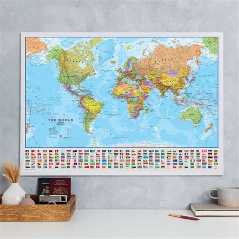 Medium Primary World Wall Map Political With Flags Ra