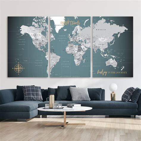 3 Piece Canvas World Push Pin Map 60w X 30h 76th And Newbury