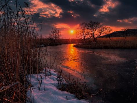 Winter River At Sunset Tapeta Hd Tło 2200x1659 Id859516