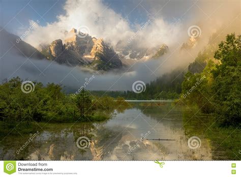 Wild Mountains Lake At Foggy Sunrise Landscape Alps Italy E Stock