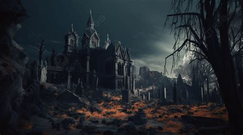 Dark Cemetery With A Large Gothic Castle And Some Statues Background D Illustration Horror