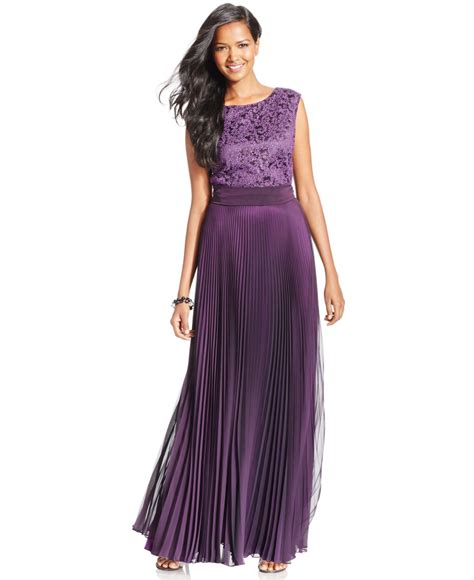 Tahari Glitter Floral Print Pleated Gown With Sash In Purple Lyst