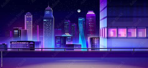 Modern Metropolis Night Cityscape Cartoon Vector With Bridge Road Or