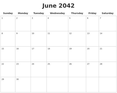 June 2042 Blank Calendar Pages