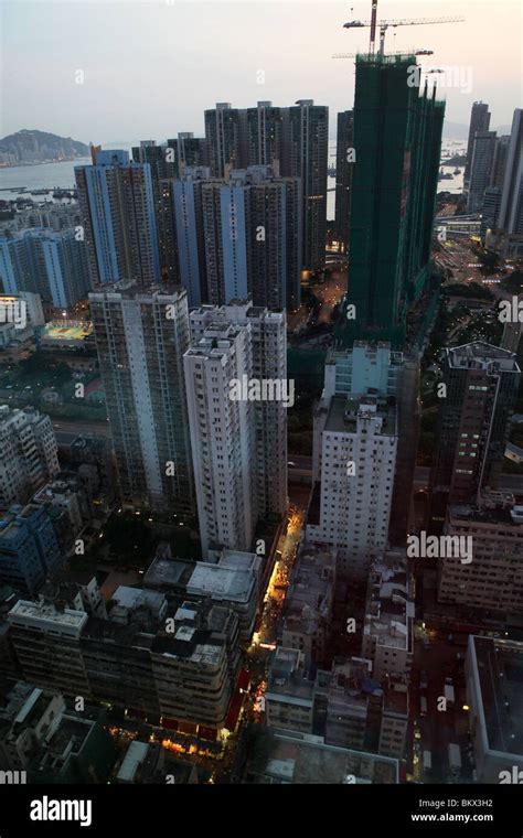 Elevated View Of A Street In Kowloon At Dusk In Hong Kong China Stock