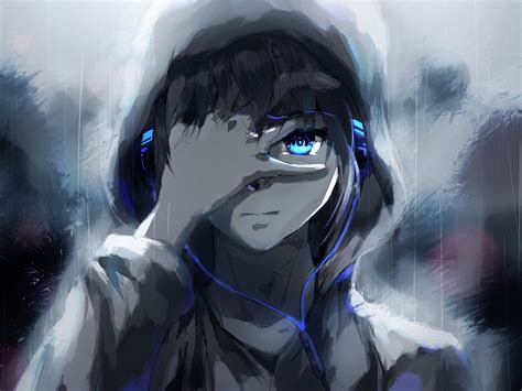 Download 2048x1536 Anime Boy Hoodie Blue Eyes Headphones Painting Wallpapers For Ainol Novo