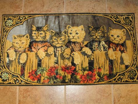 Vintage 20 X 37 Cats Kittens On A Fence Tapestry Wall Hanging Rug