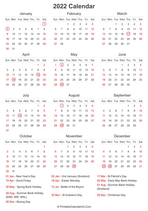 2022 Calendar With Uk Bank Holidays At Bottom Portrait Layout