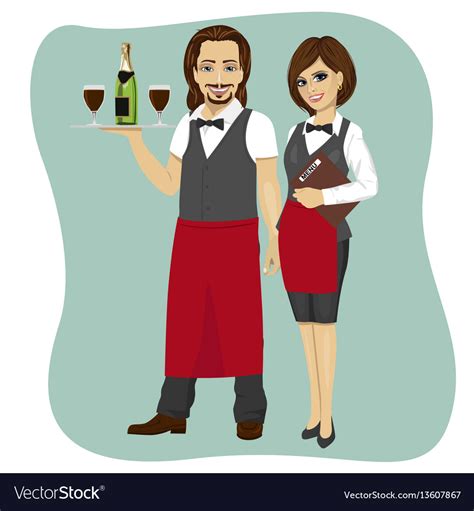 Waiter And Waitress Holding A Serving Tray Vector Image