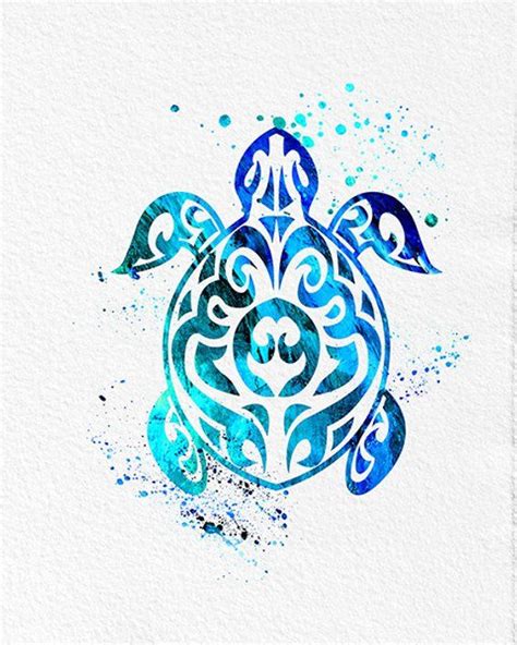 Watercolor Art Sea Turtle Tribal Blue Green Modern 5x7 8x10 11x14 Wall