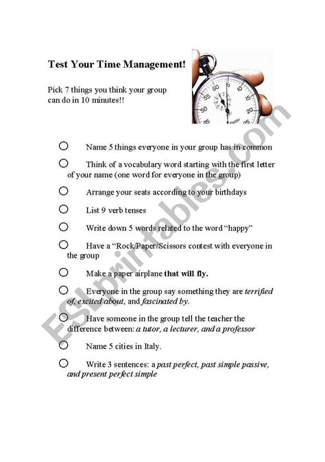 Test Your Time Management Esl Worksheet By Jasmart