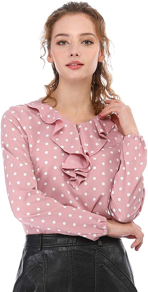 Allegra K Womens Ruffle Neck Long Sleeve Vintage Polka Dots Tunics Blouse Shirt Ebay