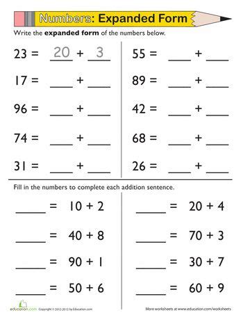 First grade math worksheets for children to supplement their math activities at home or in school. Expanded Form: Double Digits | First grade math worksheets ...