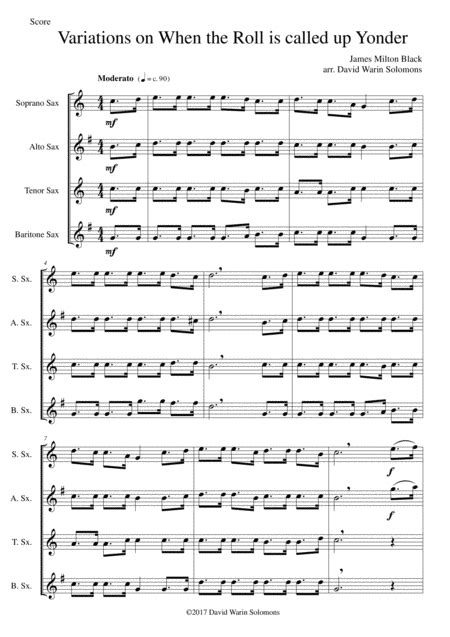 Variations On When The Roll Is Called Up Yonder For Saxophone Quartet Arr David Warin Solomons
