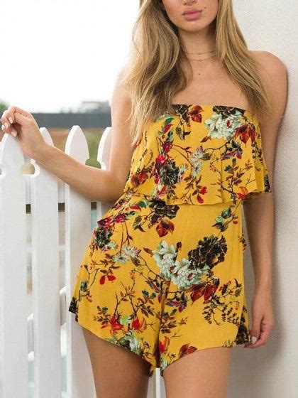 Yellow Bandeau Floral Print Layered Top Romper Playsuit Chiclookcloset