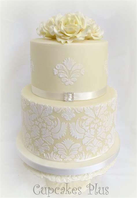 Ivory Damask Wedding Cake — Round Wedding Cakes Ivory Wedding Cake