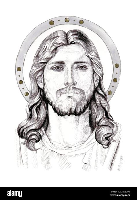 Portrait Of Jesus Christ Traditional Ink Illustration On Paper Stock