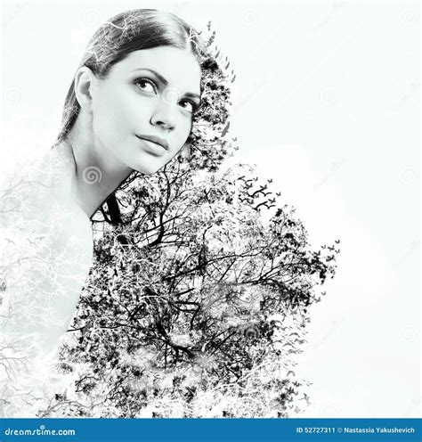 Double Exposure Of Attractive Woman And Beauty Of Nature Stock Image