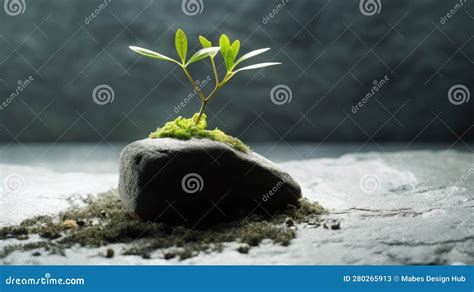 A Vibrant Green Sprout Thriving Against the Odds on a Stone Slab Stock
