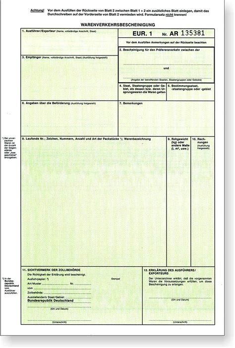 50 X Eur1 Eur1 Warenverkehrsbescheinigung 2 Fach