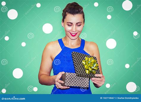 Surprised Young Woman Opens T Box Smiling Girl With T On Stock Image Image Of Holding