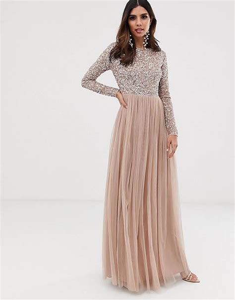 maya bridesmaid long sleeve maxi tulle dress with tonal delicate sequins in taupe blush asos