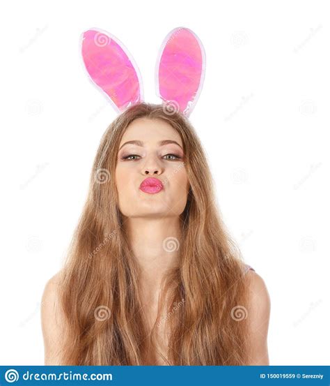Beautiful Young Woman With Easter Bunny Ears On White Background Stock