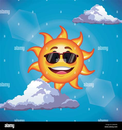 Character Sun Sunglasses Cute Face Cartoon In The Blue Sky Stock