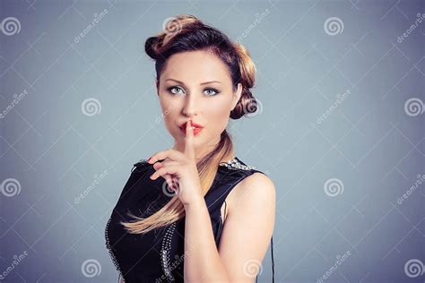 Woman Wide Eyed Asking For Silence Or Secrecy With Finger On Lips Hush