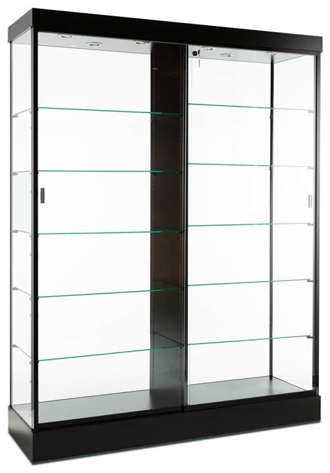 60 Glass Display Case W Top Lights Wheels Locking Sliding Door Silver Glass Display Case