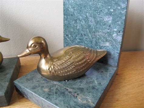 Sale Brass Duck On Green Marble Bookends Duck Library Decor Etsy