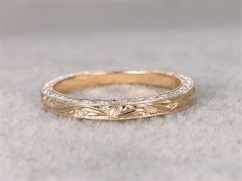 Antique Wedding Band Solid 14k Yellow Gold Filigree Flower Annivesary