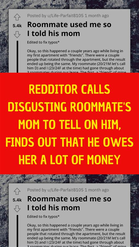 redditor calls disgusting roommate s mom to tell on him finds out that he owes her a lot of