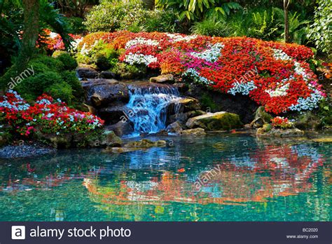 A Beautiful Flower Garden With A Waterfall In Tropical