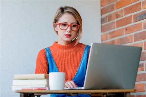 Girl With Notebook Computer Sitting And Working Stock Image Image Of