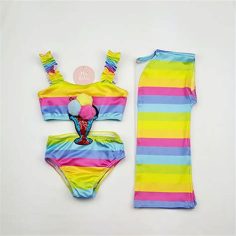 Biquini Maio Infantil Sorvete Colorido Com Saida De Praia Kimono