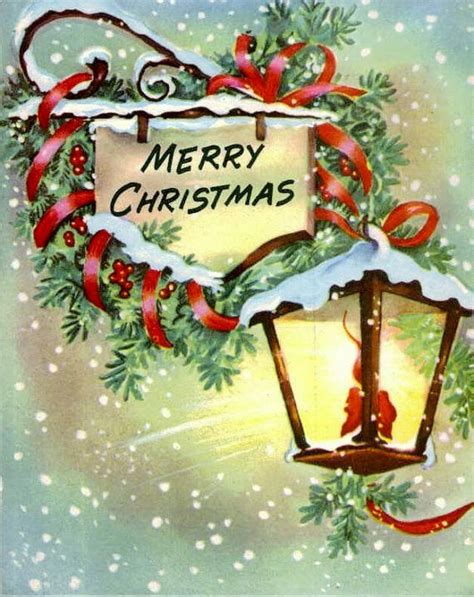Vintage Christmas Card Glowing Lantern Unused Vintage Christmas
