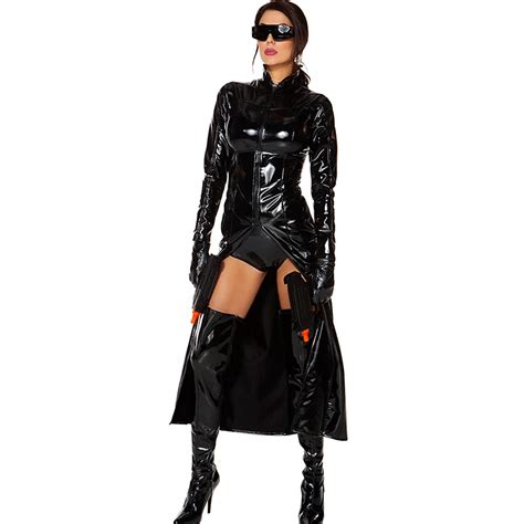 Womens Faux Leather Halloween Reloaded Costume Sexy Black Wetlook Bodysuit Cosplay Club Wear