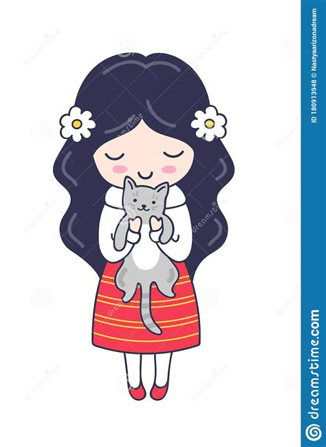 Little Girl With Cat Cute Cartoon Character Vector Illustration For