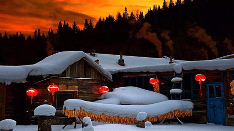 Winter Cabins At Night Image Abyss